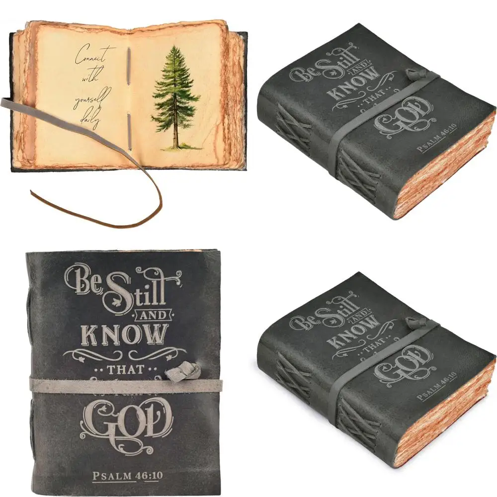 

Винтажный кожаный журнал ручной работы 13x8: Psalm 46:10, ватная бумага 200 страниц, серый