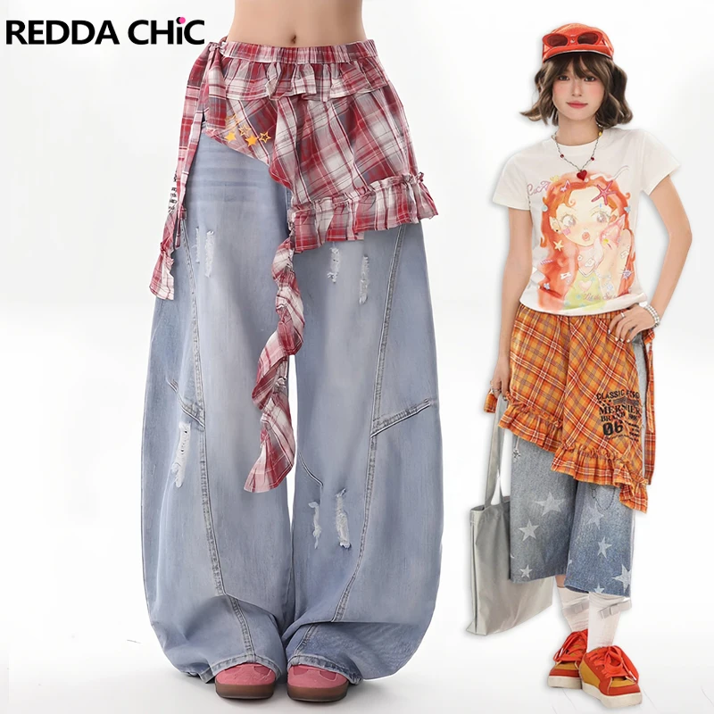 

REDDACHiC Y2k Plaid Coverups for Jeans Dress Elastic Waist Ruffle Hem Layering Mini Wrap Skirt Women Concert Festival Outfits