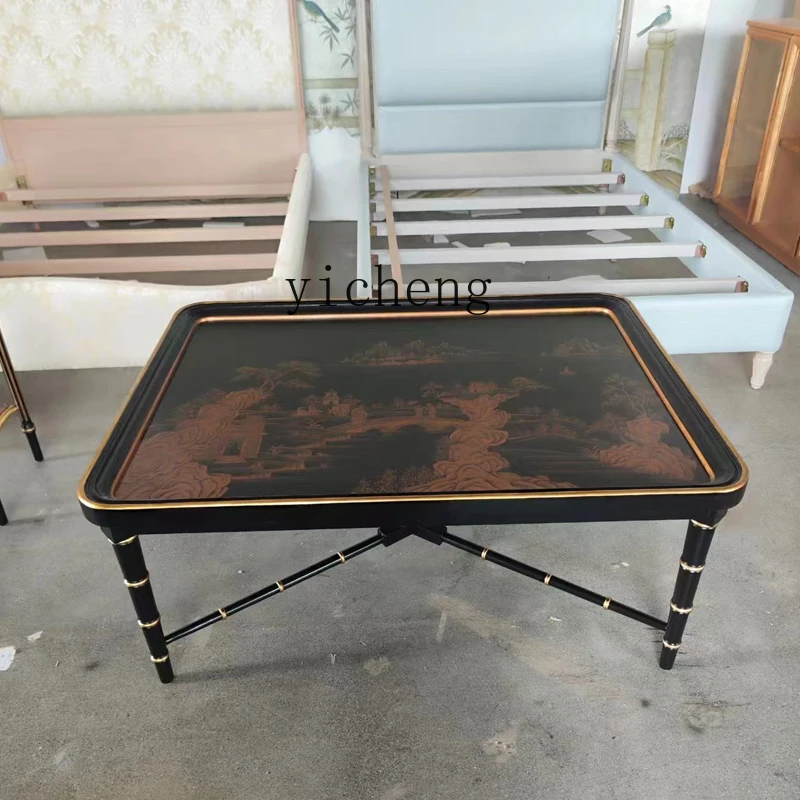 

XL new Chinese coffee table hand-painted pavilion black bamboo shape tray long coffee table