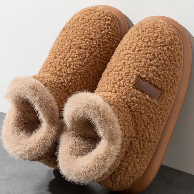 Comfort Lamb's Wool Thick Bottom Home Slippers Winter Outdoor Warm Plush Cotton Slippers Women Anti Slip Light Weight Shoes Lady