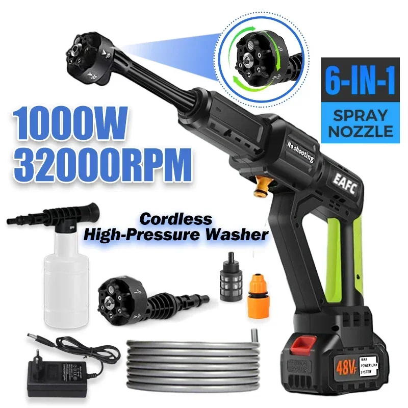 100BAR 30000mAh High Pressure Car Washer Gun Washing Machine Portable 6-in-1 Multi-function Nozzles Foam for 21V Makita Battery