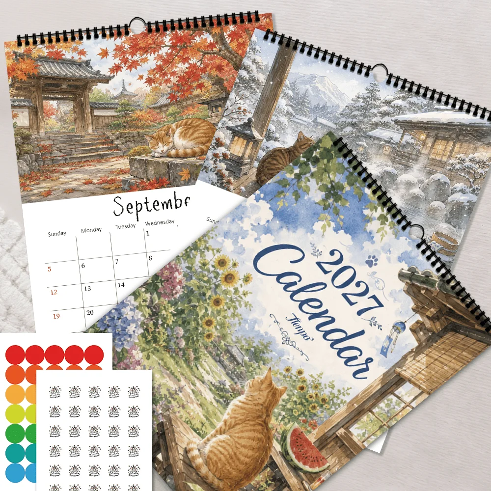 1pc 2027 Japanese Garden Cat Wall Calendar,12‑Month Planner,Gift For ,Christmas,Halloween,New Year,Free Stickers Included