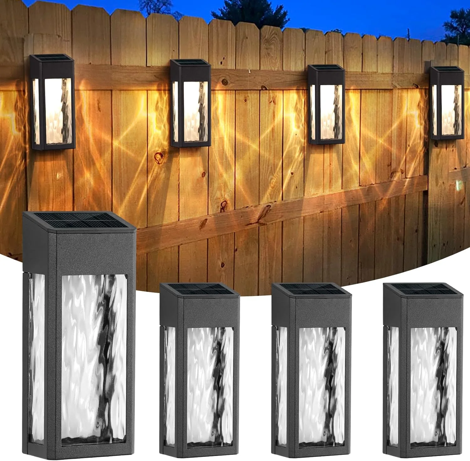 4 Pack Solar Outdoor Atmosphere Wall Lamp Glass Water Wave Pattern Villa Balcony Garden Landscape Waterproof Corridor Lamp