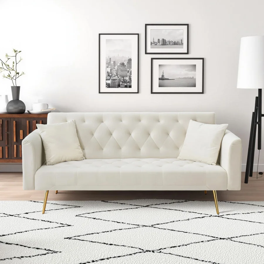 71 inch convertible love seat sofa, American retro beige velvet, suitable for small living room, bedroom, office Comfy Futon Co
