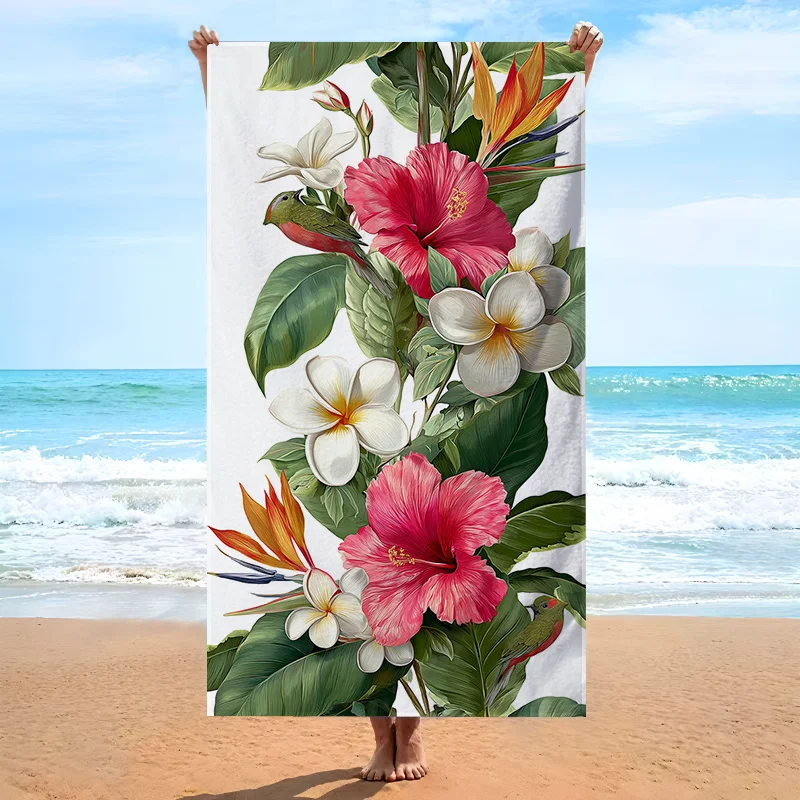 Custom Tropical Hibiscus Beach Towel Plumeria Flower Bird Print Microfiber Sand Free Quick Dry Soft Travel Pool