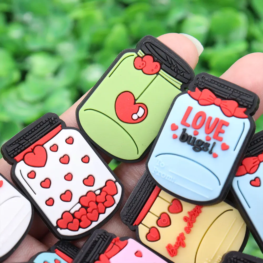 New Arrival 1pcs PVC Shoe Charms Glass Bottles Heart Love Bug Garden Shoes Button Decoration Hole Slipper Ornament for Bands