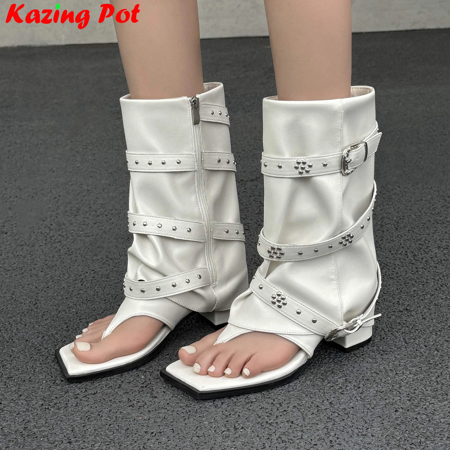 

Krazing Pot 2025 fashion microfiber flip flops high Heels summer Boots rivets Winter Shoes belt buckle dating Modern Ankle Boots