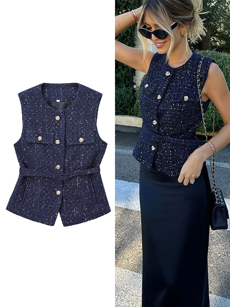 Elegant Belt Vests Women Round Neck Single Breasted Sleeveless Tops Female 2024 Solid Fashion Button Soft Sequin Waistcoat Lady