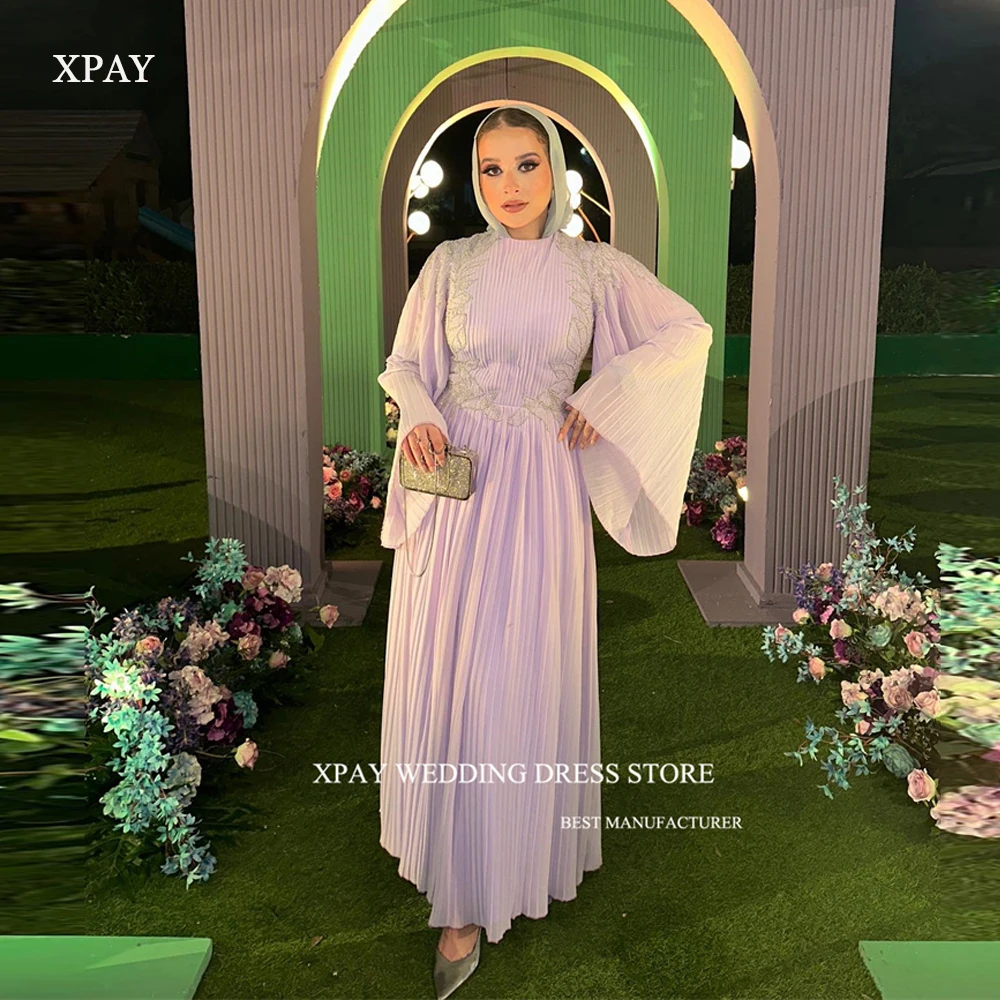 

XPAY Lilac Draped Chiffon Evening Dresses Puff Long Sleeves Applique Ankle Length Dubai Arabic Women Prom Gowns With Hajib