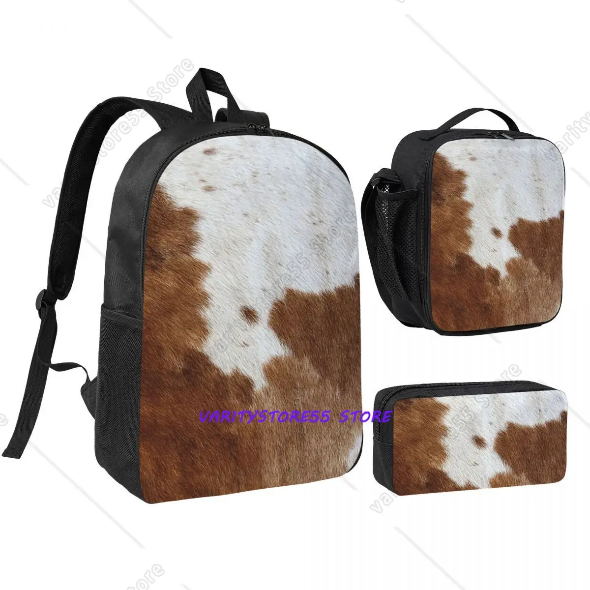 

Stylish Cow Fur Cowhide Texture Cow Skin Print Backpack BookBag School Bag Shoulder Bags 3ps Insulated Lunch Bag Pencil Case
