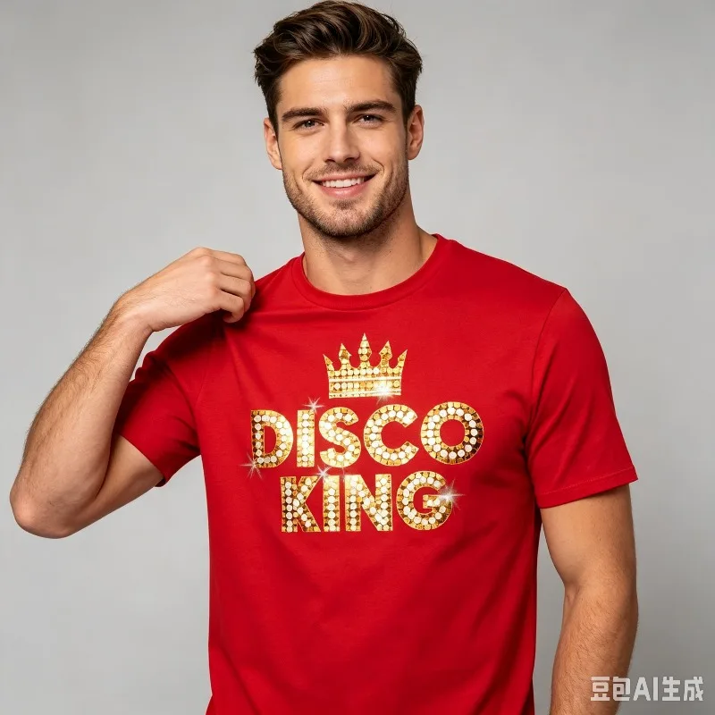 Men Disco King Graphic T-Shirt 100% Cotton Retro Golden Crown Print Casual Short Sleeve Tee for 70s 80s Disco Party Costume Wear