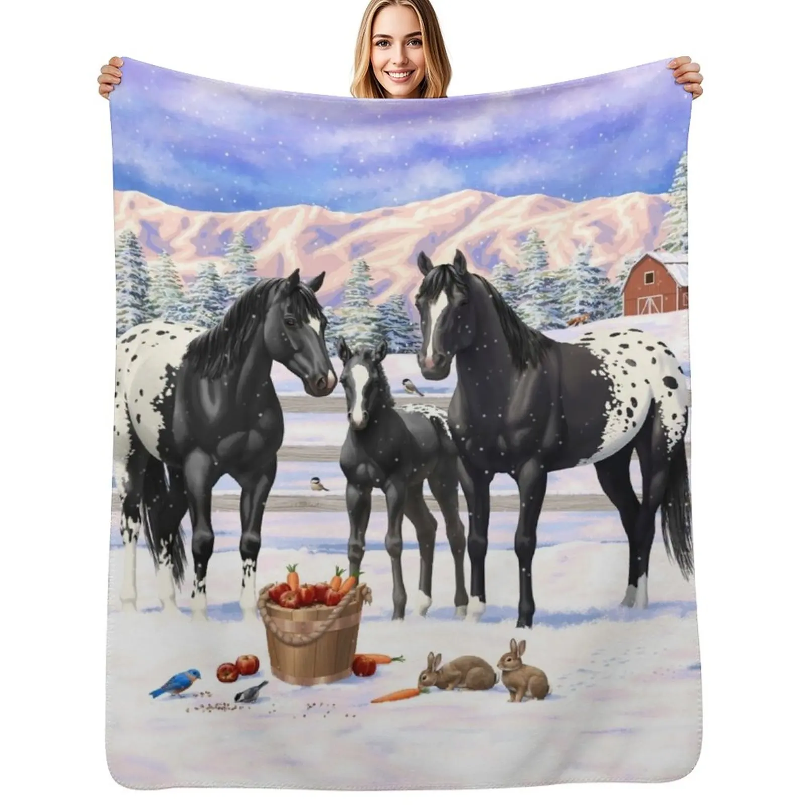 

Black Appaloosa Horses In Snow Throw Blanket Travel Size Cozy Blanket for Plane Train