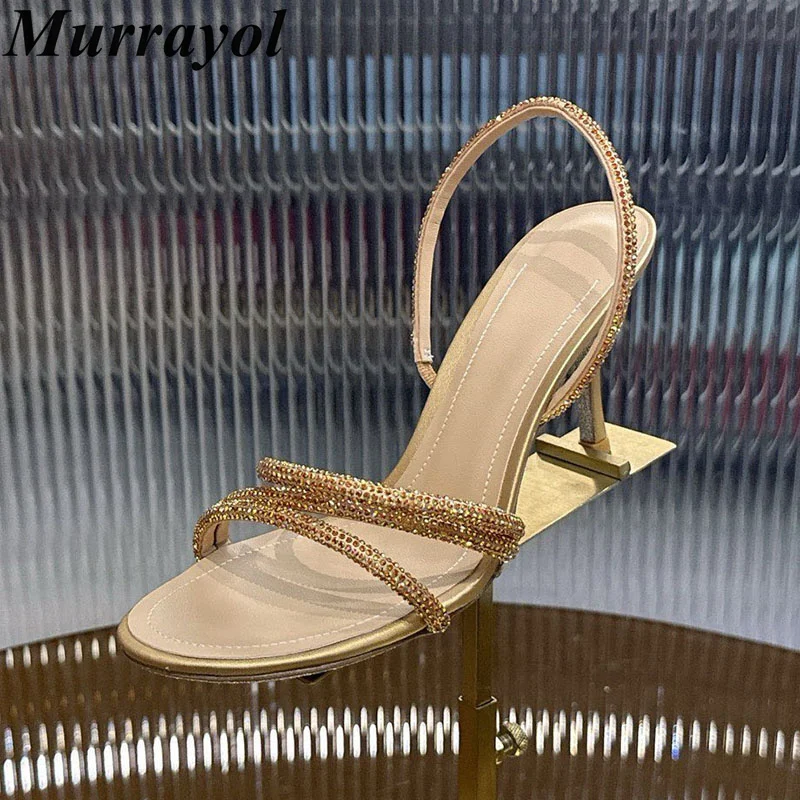 Sandals Women Bling Rhinestone Thin High Heels Real Leather Narrow Band Sandalias Summer Sexy Party Wedding Banquet Dress Shoes