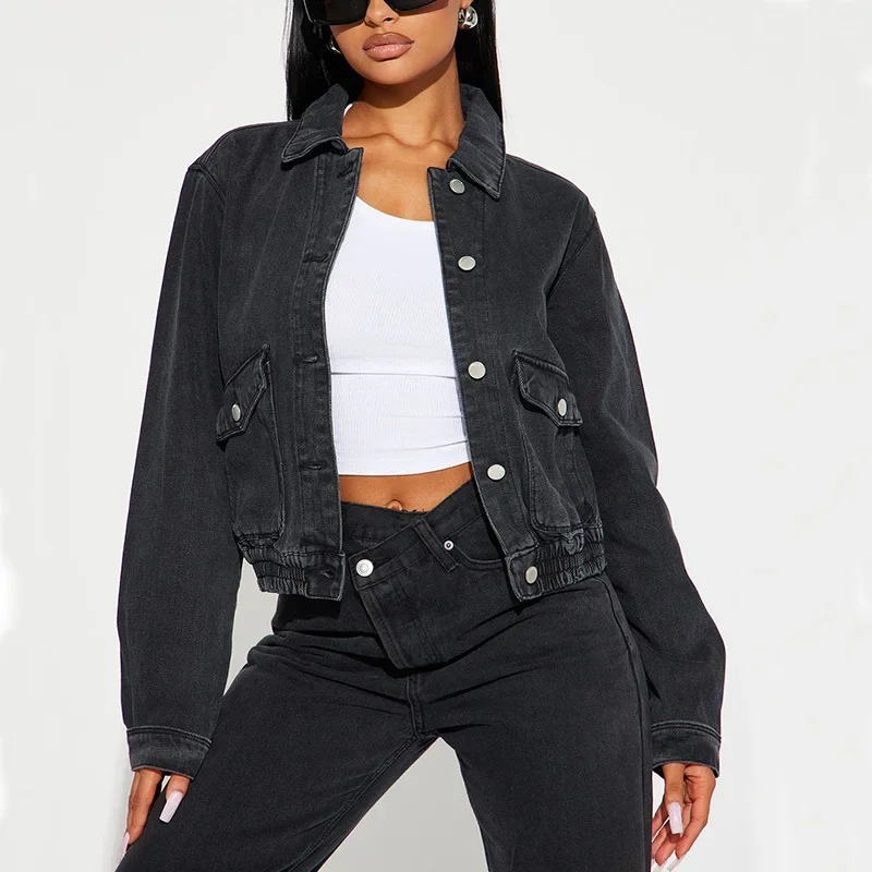 

Denim Coat Turn Down Collar Long Sleeve Solid Cardigan Outerwear Single Breasted Jackets Spliced Washed Basics Loose Button