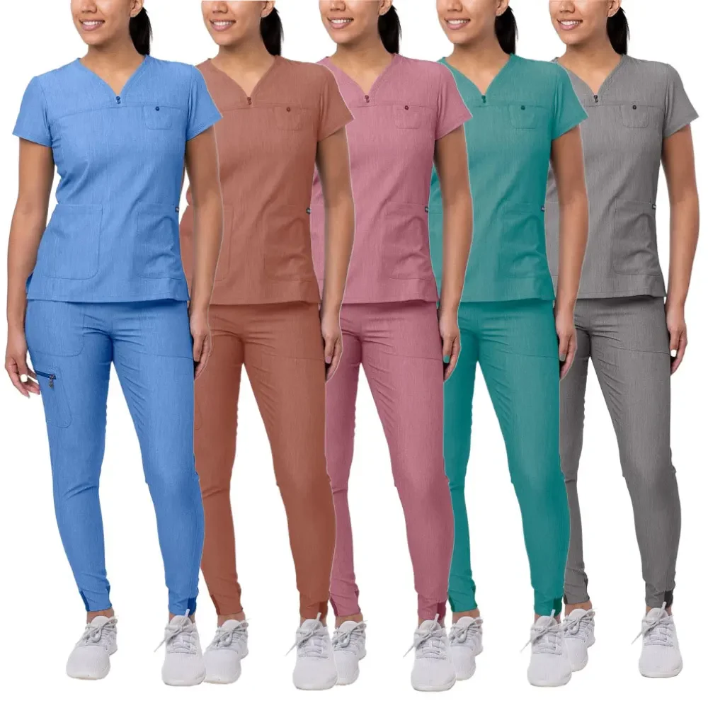 Mulheres de enfermagem médica esfrega conjunto uniforme, tops e calças com decote em v, pet grooming suit, uniforme hospitalar, alta qualidade, atacado