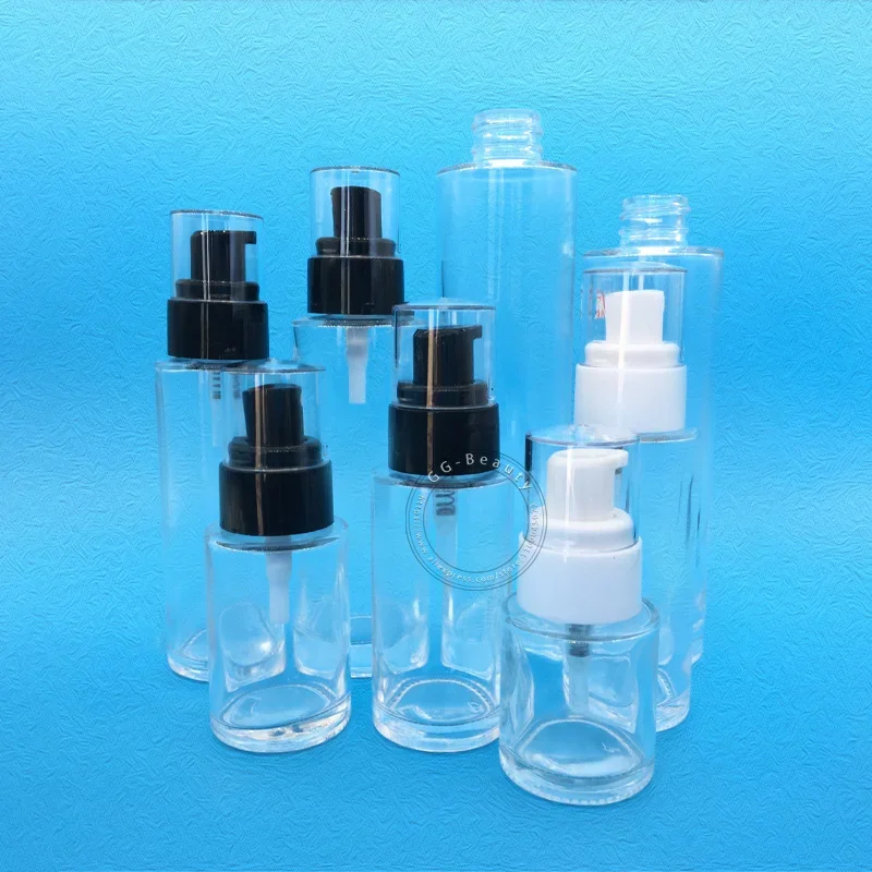 

whosesale refillableClear Emulsion Spray Empty Glass Bottles with Black and White Plastic Cap Portable Press Vials made in China