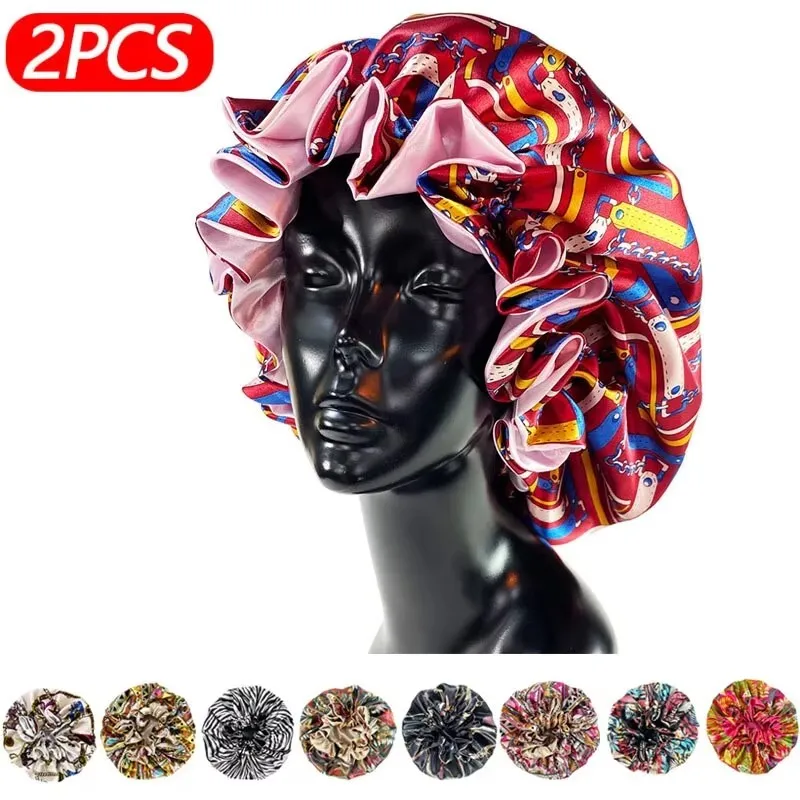 2Pcs Set Frauen Satin Bonnet Cap Doppel Schicht Seidige Große Motorhaube Für Dame Druck Schlaf Kappe Kopf Wrap Druck bad Kappe