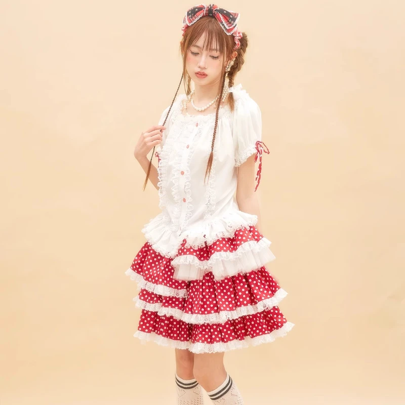 Original Design Retro White Lace Bow Women's Shirt 2025 Spring Summer Japanese New Cute Sweet Lolita Short-sleeved Shirt Ladies