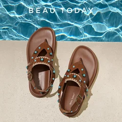 BEAUTODAY Fashion Sandals Women Calfskin Leather Buckle Strap Bead Open Toe Solid Color Casual Ladies Flat Shoes Handmade 34621