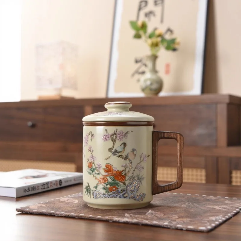 China Ru Kiln Ceramic Office Mug Tea Water Separation Tea Cup Large Capacity China-Chic Beautiful and Interesting Water Cup Gift