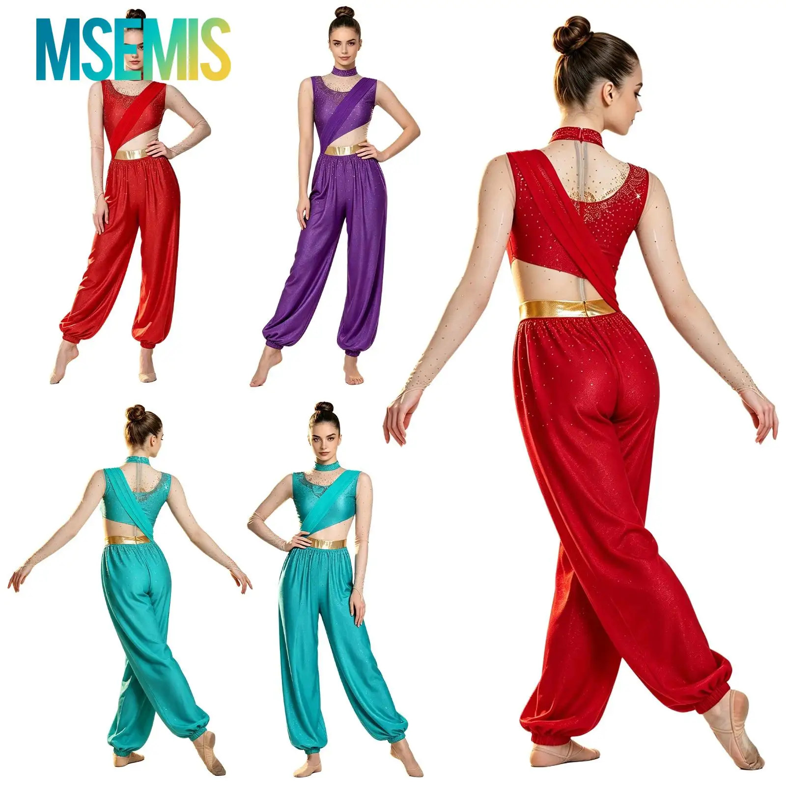 Women Rhinestones Belly Dance Outfits Fairy Tale Princess Costume Sheer Mesh Long Sleeve Metallic Waistline Unitard Jumpsuit
