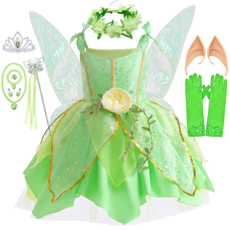 Girls Tinker Bell Costume Halloween Costume for Kids Green Tinkerbell Fancy Dress Fairy Princess Cosplay Birthday Party 2-10Y