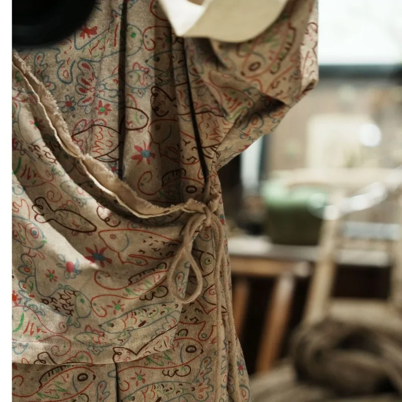 NEW Original Design Knitted Printed Retro Blouse Jackets Femme Asymmetric Placket Tie Front Mixed Style Shirt Lace Up Cardigan