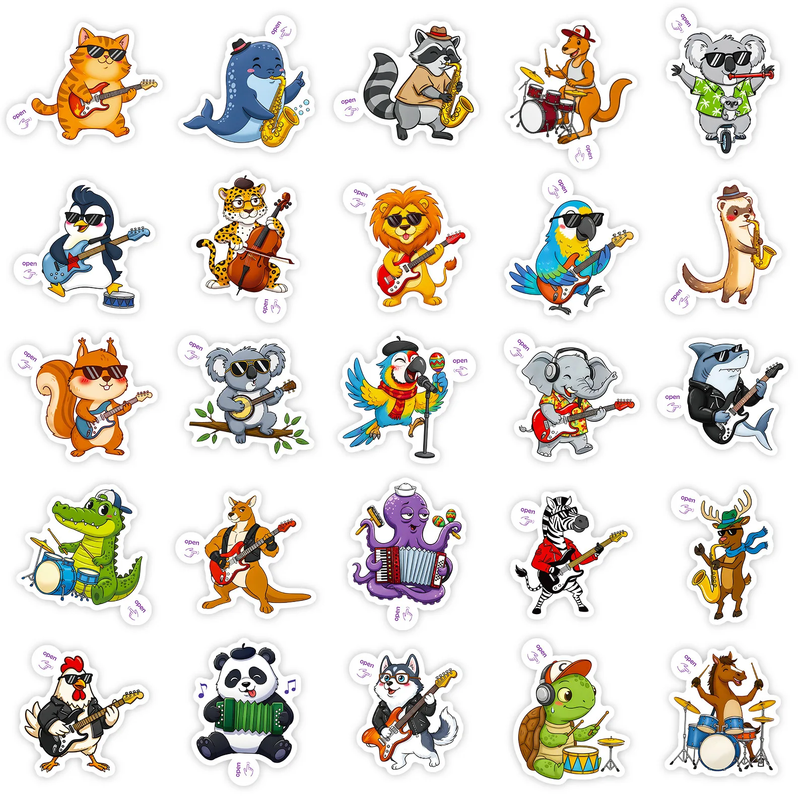 10/50PCS Cartoon Animal Band Stickers Creativity Trendy Animals Playing Musical Instruments Graffiti Decoration Notebook Guitar