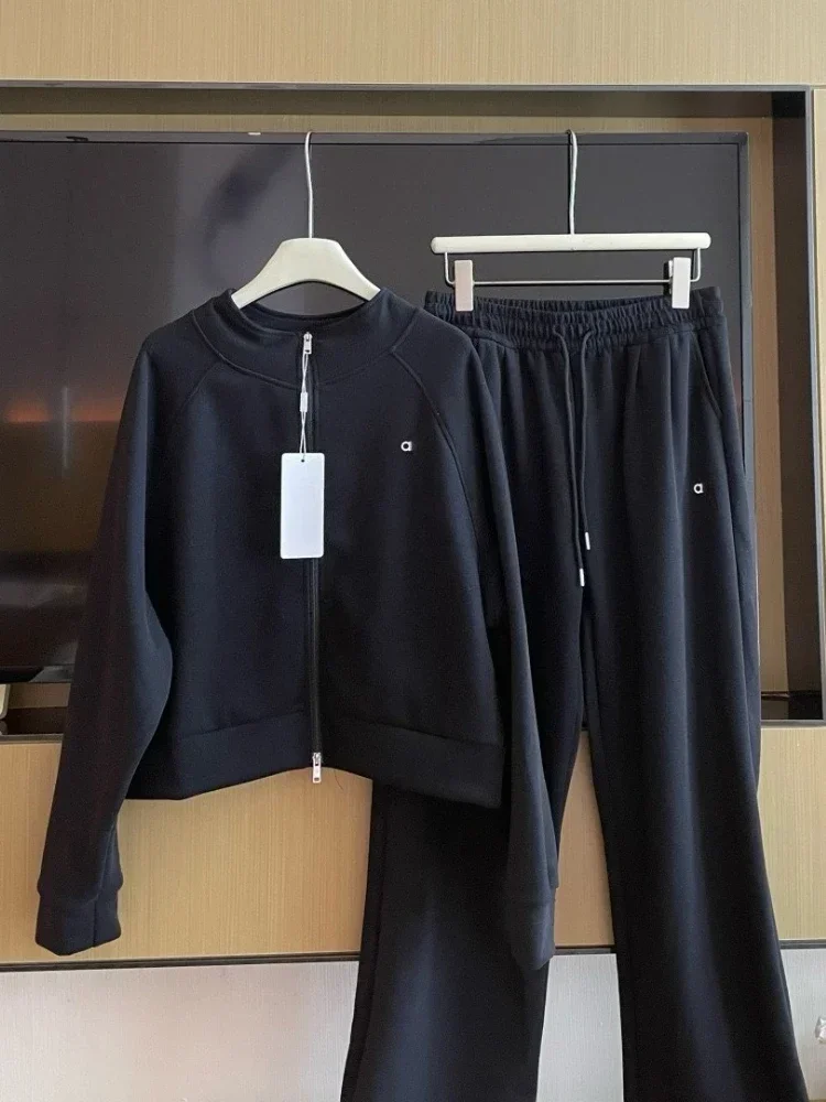 موضة فضفاضة مستقيم بنطلون امرأة الخريف الوقوف طوق عادية جاكيت زيبرا دعوى بلوزات Sweatpants 2 قطعة مجموعة ل