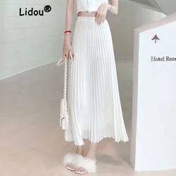 Casual Solid Color Pleated 2023 New Ice Silk  Skirt with Dropping A-line Large Swing Mid Length Slim Fairy Lady Long Skirt