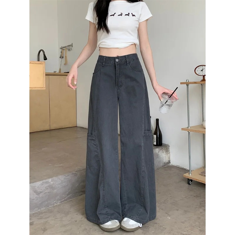 

Новые американские рабочие джинсы в стиле ретро, весенне-осенние женские свободные серые повседневные широкие брюки с высокой талией