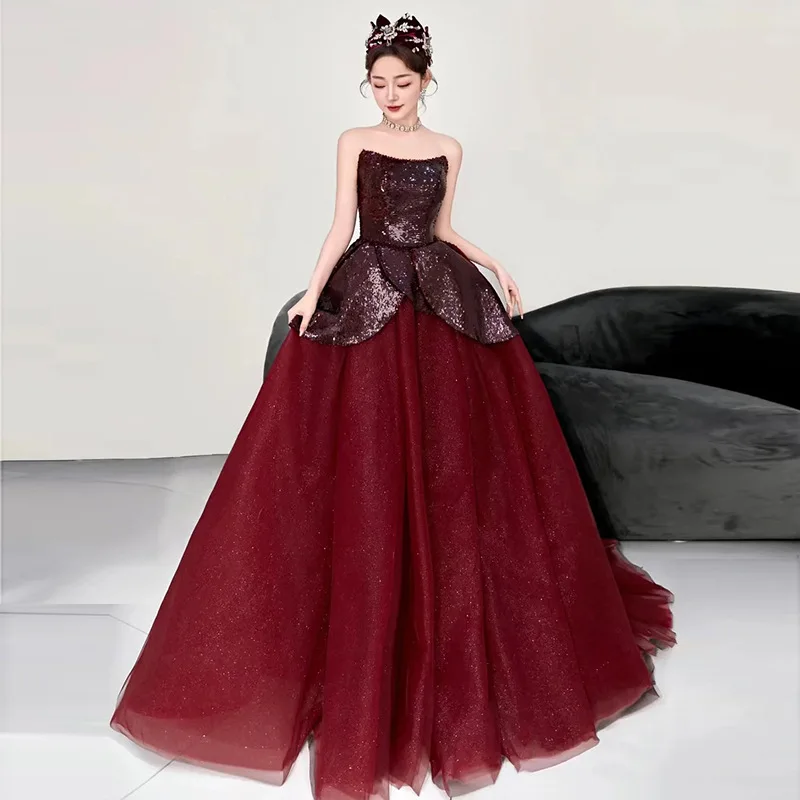 

Wine Red 2024 New Fashion Evening Dress For Banquet Off The Shoulder Lace Sequined Shiny Princess Prom Dresses Vestido De Novia