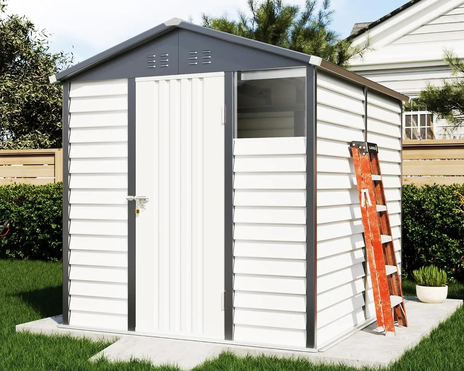 

6.5x9x7 FT Outdoor Storage Shed with Shutter Design, Metal Garden Shed with Lockable Doors and Vents, White & Charcoal Gray