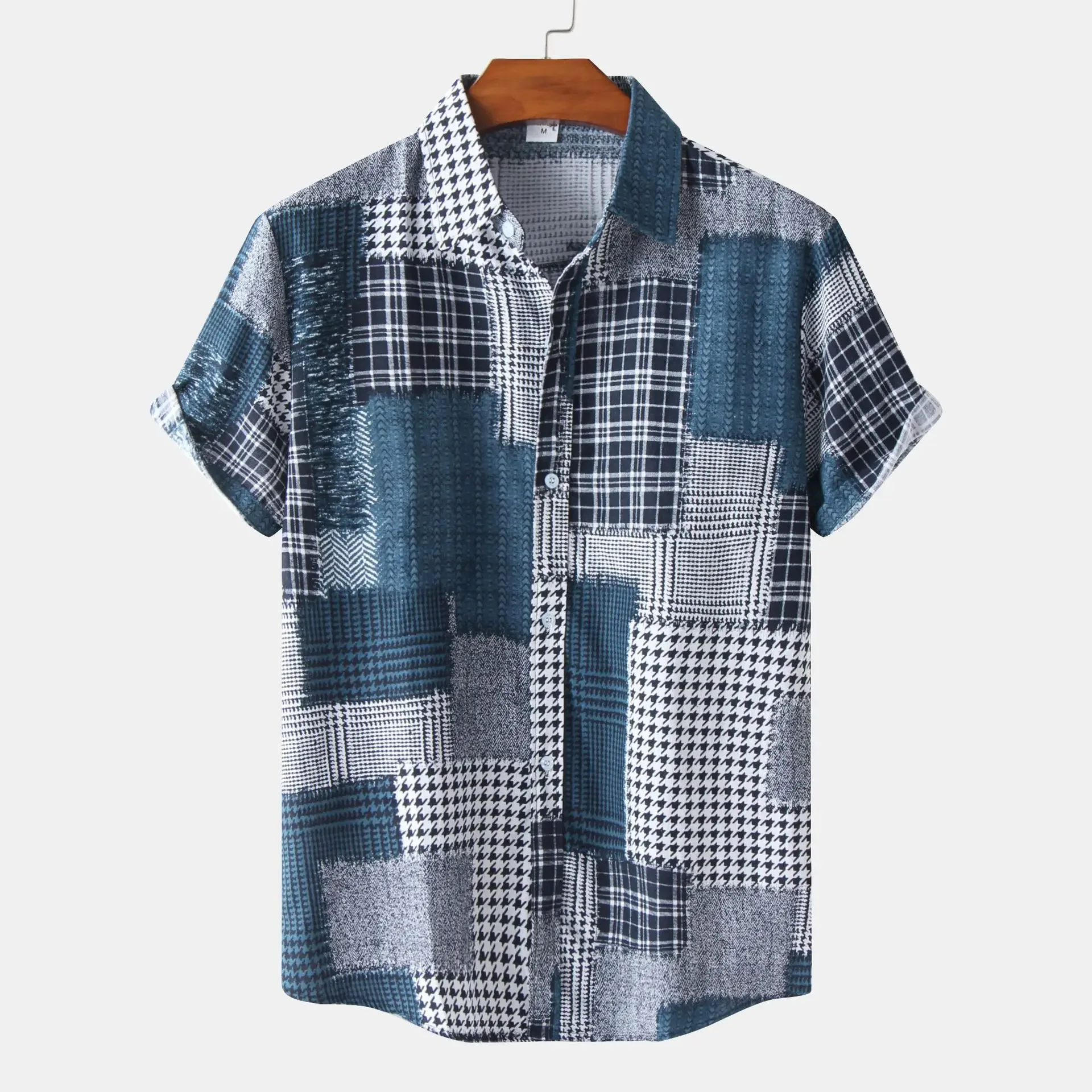 Fashion patchwork design printed pattern men women short sleeve shirts fashion tops casual button down shirt tops