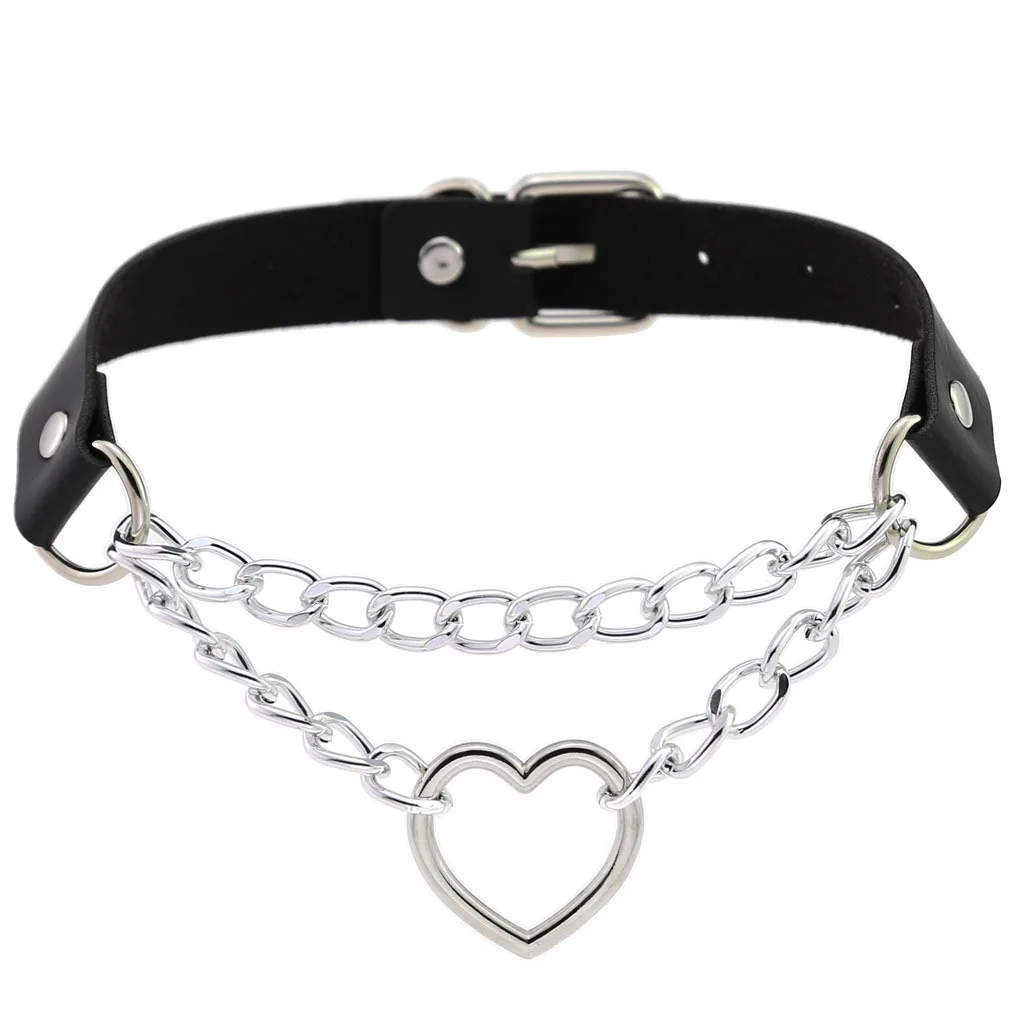 Women Bondage Gothic Choker Bell Accessories of Sexy Necklace Collar for Leather Cosplay Slave Heart Collars and Leash Set