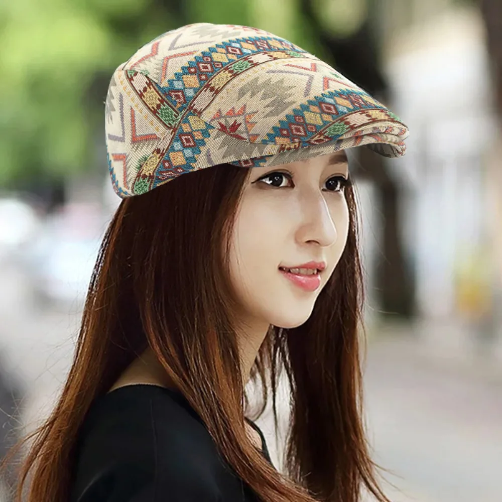 

Fashion Adjustable Ethnic Style Berets Hat Bohemian Geometric Retro Newsboy Caps Vintage Painter Newsboy Flat Cap Male Female