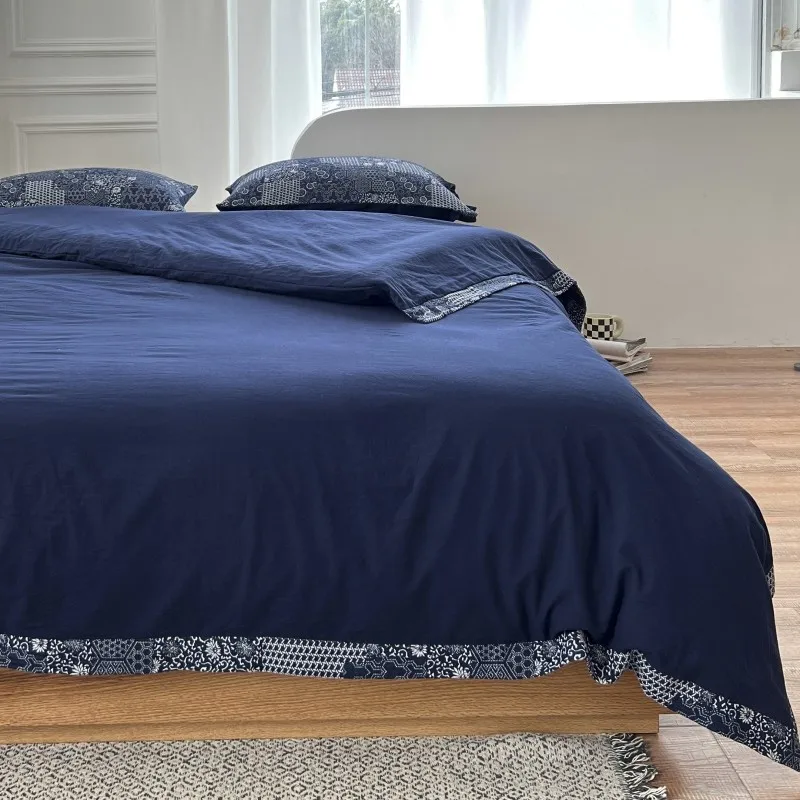 Navy Blue 1Duvet Cover 1bed Sheet 2/4Pillowcases Double Queen King 4/6Pcs 100%Washed Cotton Solid Plain Ultra Soft Bedding Set