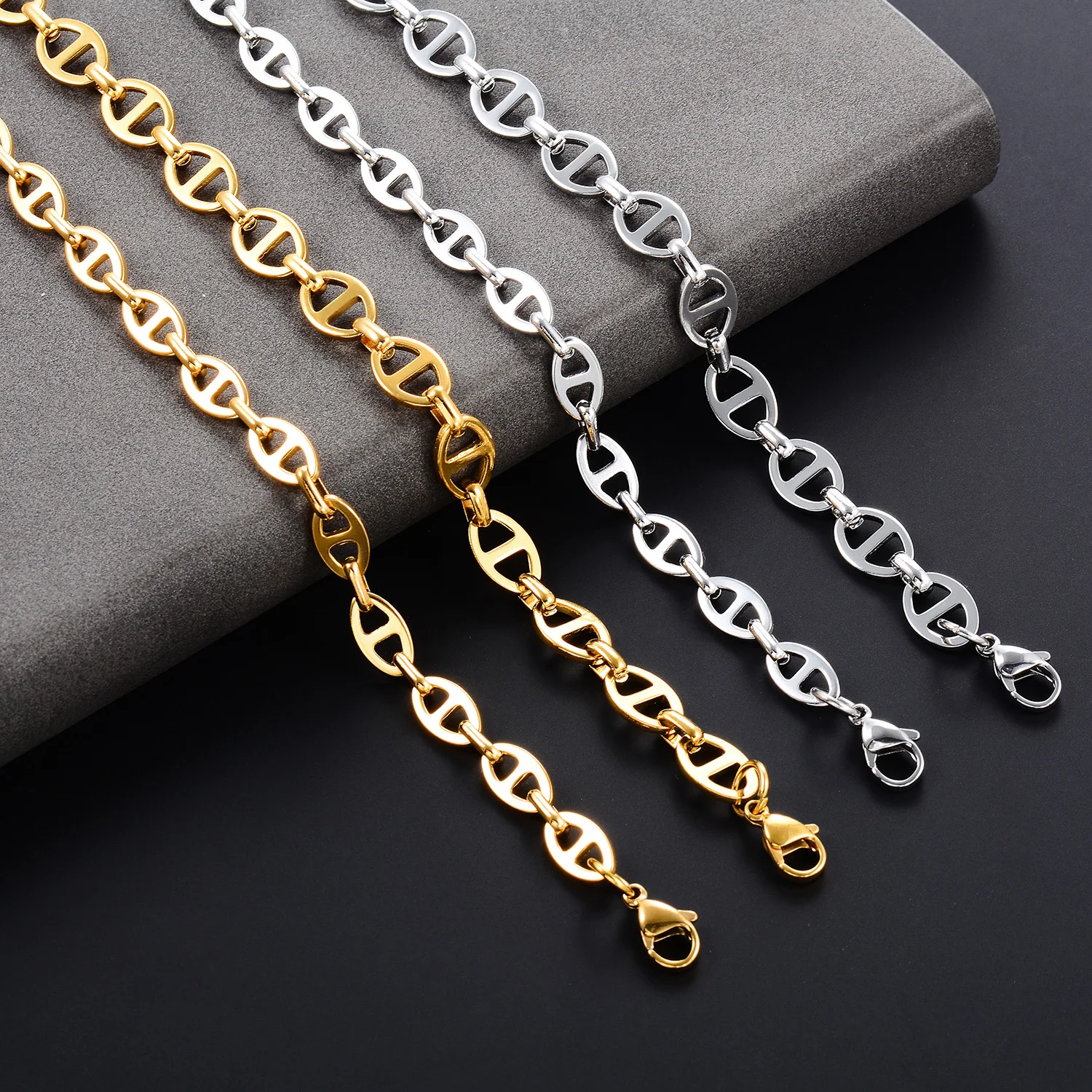 6MM 8MM Runde Edelstahlkette in Silber- und Goldfarbe, Kaffeebohnen-Halskette, Wasserdichter Hip-Hop-Choker, Metallschmuck – Detail 5
