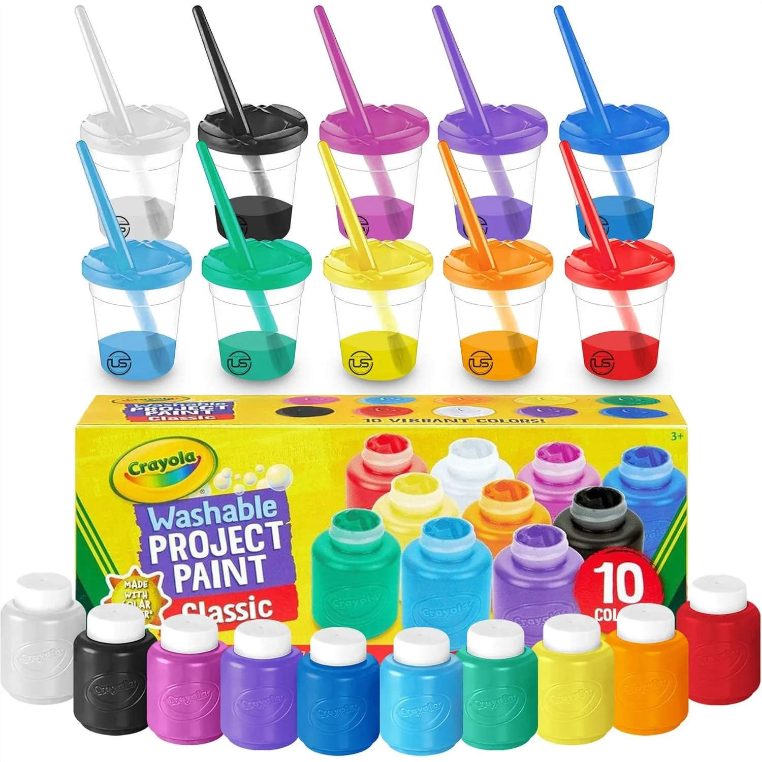 

Kids Painting Set with 10 Washable Paints, Cups & Brushes for Mess-Free Toddler Art Activities