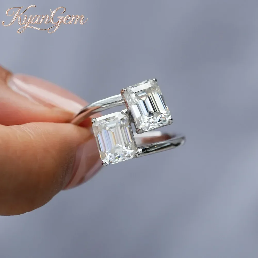 KyanGem Ultra-luxurious Square Emerald-Cut Platinum PT950 Ring with 2ct+2ct Moissanite Stones Engagement Ring for Women