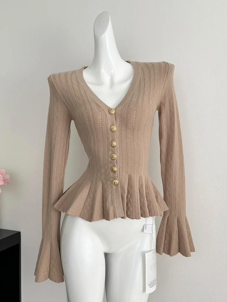 Cardigan en tricot à manches longues évasées et col en v pour femme, haut Vintage élégant, coupe cintrée, couleur unie, nouvelle mode coréenne Y2K, automne Y2k