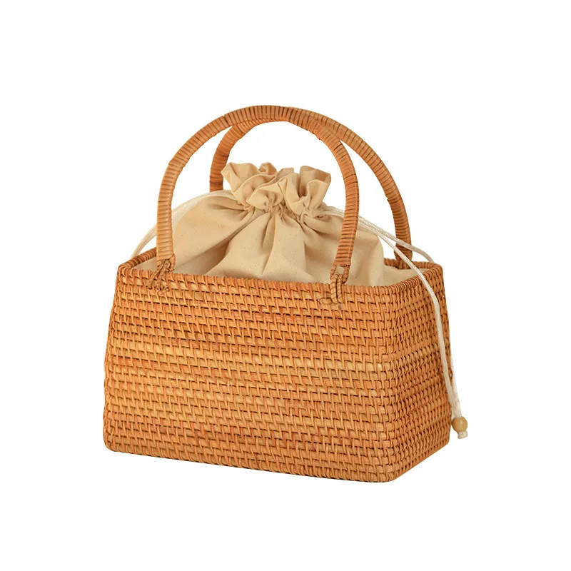 Casual Hollow Rattan Basket Bags Wicker Woven Women Handbags Handmade Summer Beach Straw Bag Small Bucket Bag Bali Tote Purses