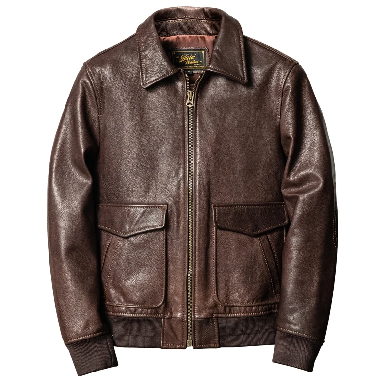 Brown Autumn A2 Leather Jacket Men Military Style Plus Size 5XL Natural Sheepskin Genuine Pilot Leather Coat