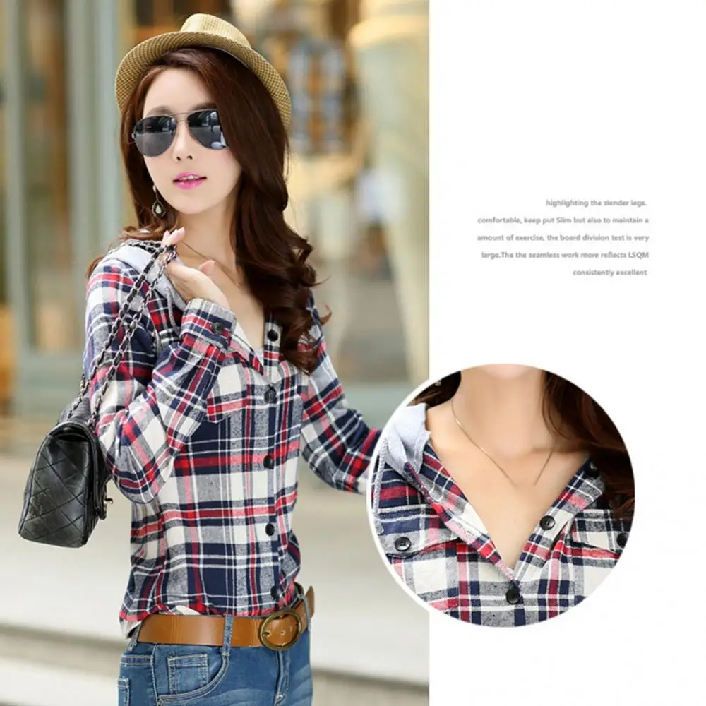 Classic Loose Long Sleeve Women Fashion Plaid Hood Button-up Cotton Shirt Coat