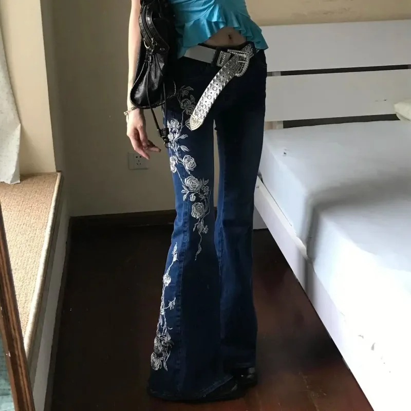Women's Clothing Dark Blue Embroidery Jeans High Rise Side White Floral Rose Stitching Slim Flare Denim Trousers Casual Pants