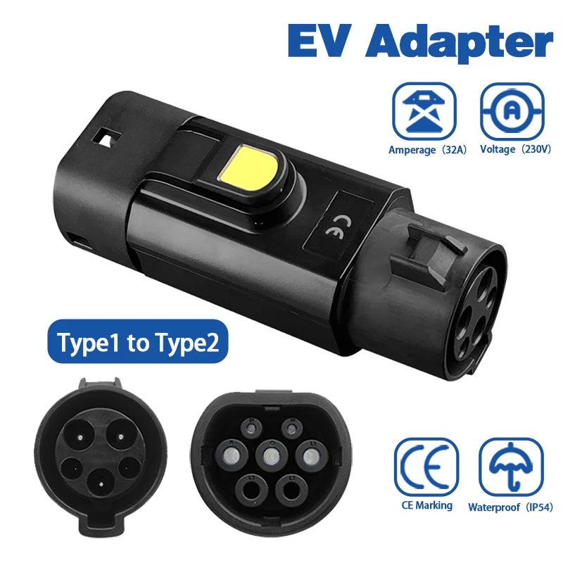 AC Type1 إلى Type2 EV مهايئ شاحن 32A المحمولة J1772 إلى IEC62196 محول الشحن للسيارات الكهربائية Type2