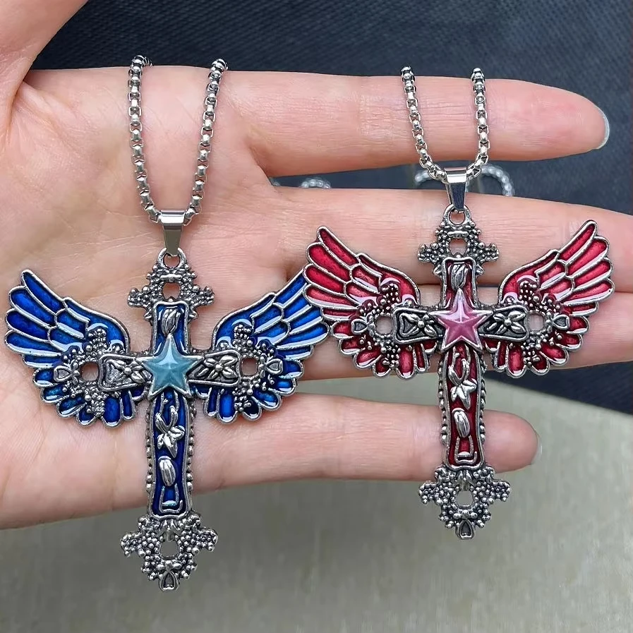 Retro Luminous Cross Wing Five‑Pointed Star Pendant Necklace, Unisex Long Sweater Chain Fluorescent Dark Trend Jewelry Accessory