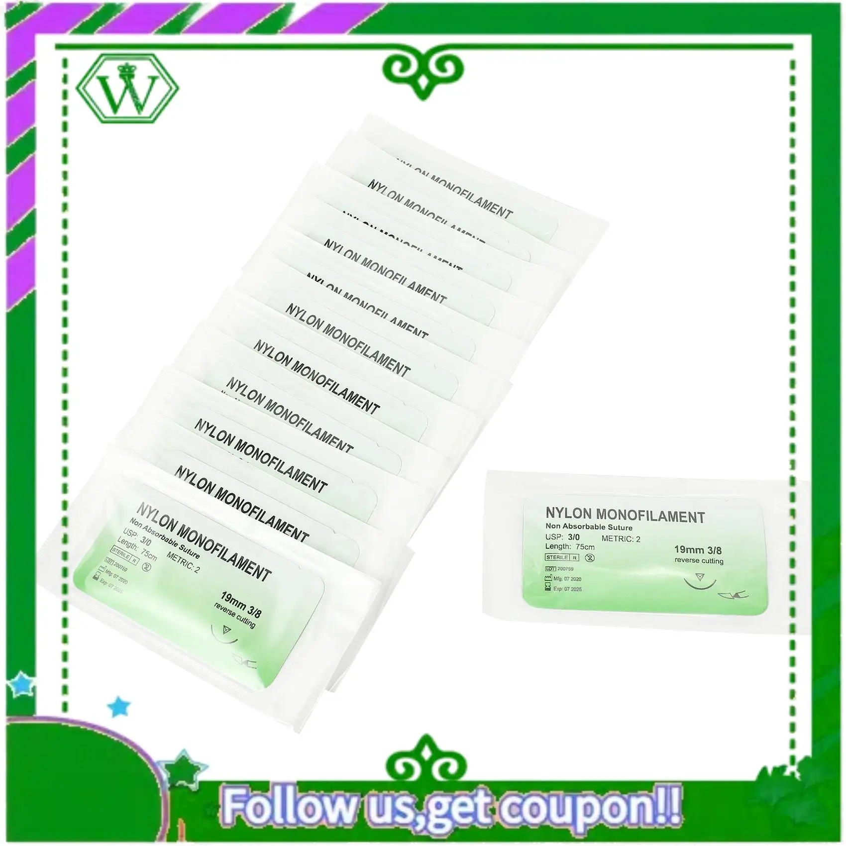 ABIK-24 Pcs/Set Needle Suture Nylon Monofilament Thread Suture Practice Kit 3/0