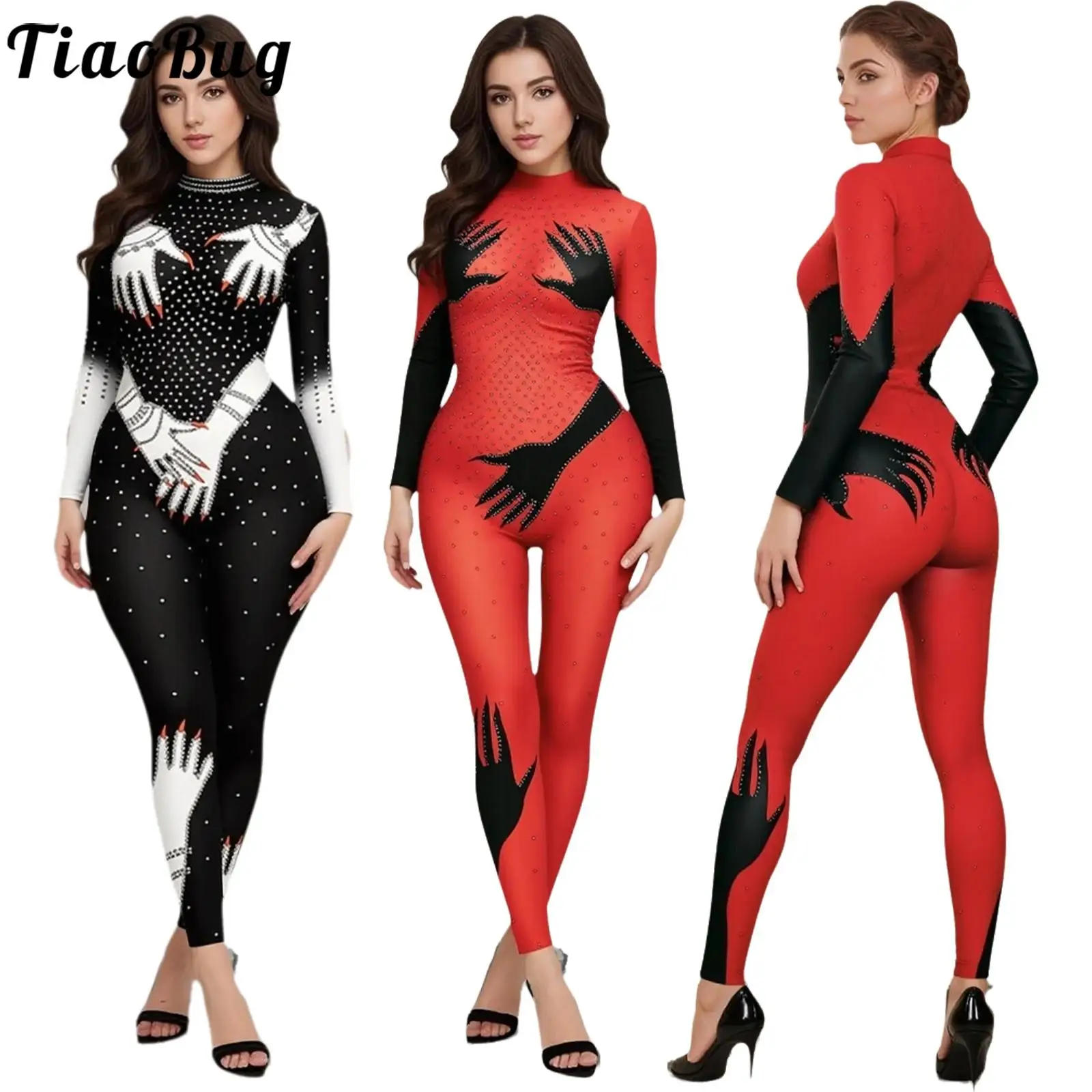 

Women Wet Look Hands Print Full Body Jumpsuit Mock Neck Long Sleeve Zipper Bodycon Rompers for Nightclub Fancy Dress-up Party