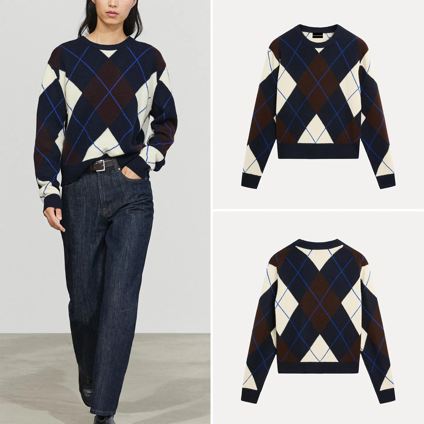 ZADATA Women's round Neck Knitwear Retro College Style Diamond Pattern Autumn 2026 New Arrival Fashion Ladies Sweater